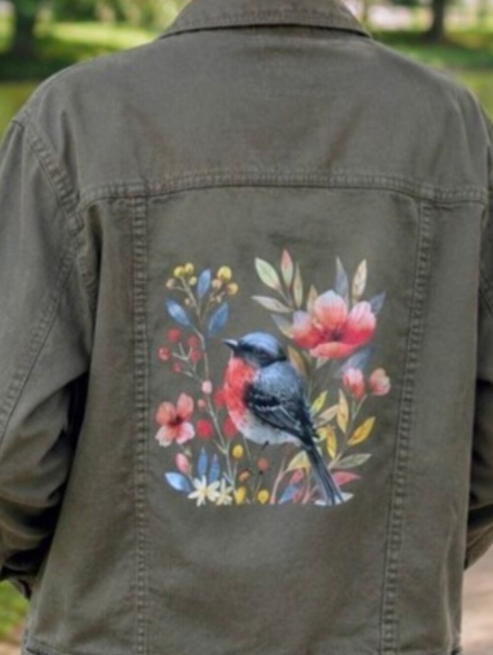 Upcycled Jean Jacket | Old Navy | Women's L | Bird & Wildflower Nature Art